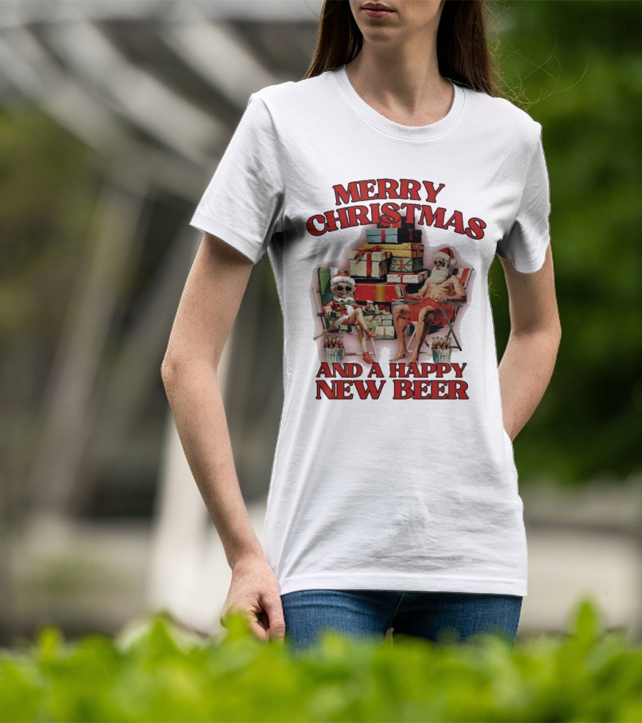Merry Christmas And A Happy New Beer Skeleton Santa And Elf With Gifts T-Shirt
