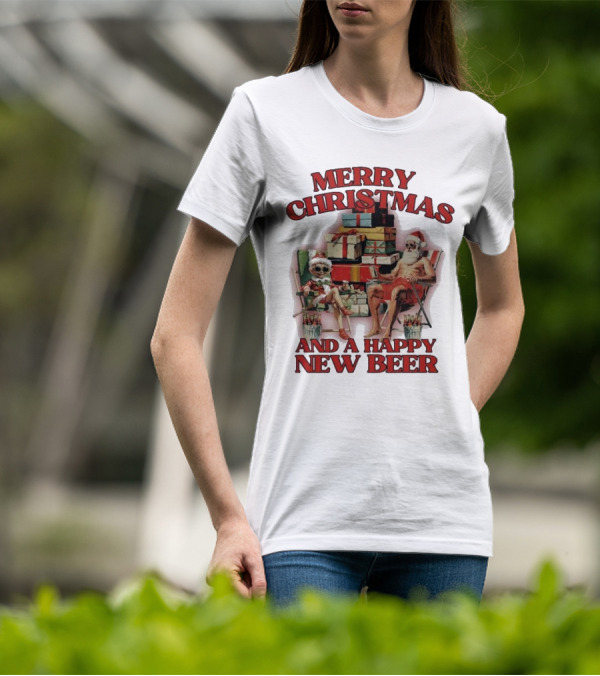 Merry Christmas And A Happy New Beer Skeleton Santa And Elf With Gifts T-Shirt