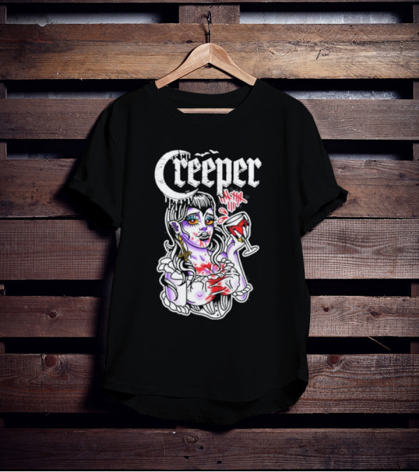 Creeper Vampire Lady With Wine Glass And Blood Splatter T-Shirt