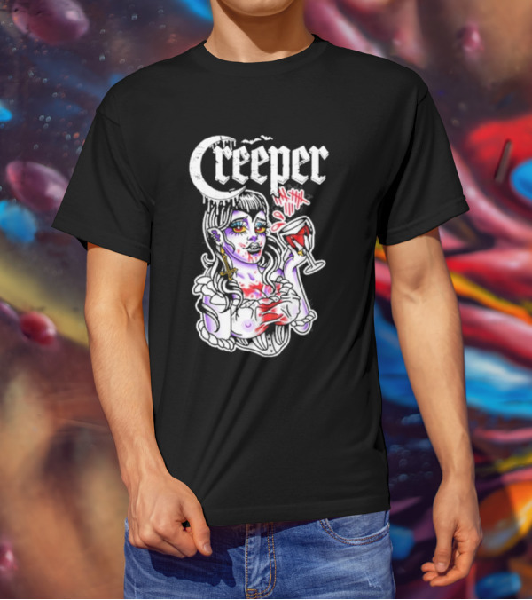 Creeper Vampire Lady With Wine Glass And Blood Splatter T-Shirt