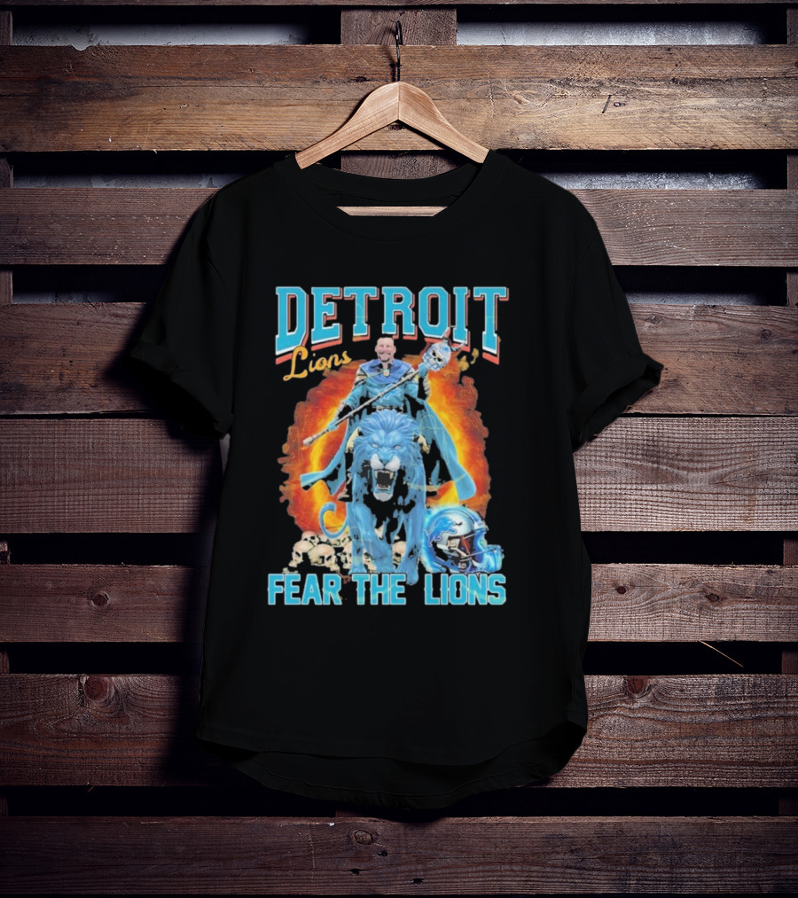Detroit Lions Fear The Lions Blue Flame Warrior Helmets Skulls T-Shirt