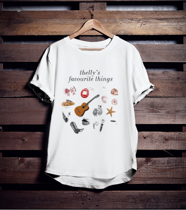 Thelly's Favourite Things Guitar Animals Microphone Starfish Shells Cowboy Boot Bow Pasta Tamagotchi T-Shirt