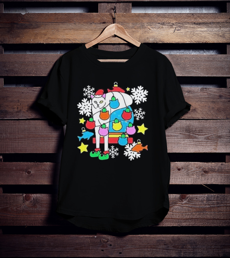 Weird Little Holiday Cat With Santa Hat And Colorful Baubles Christmas T-Shirt