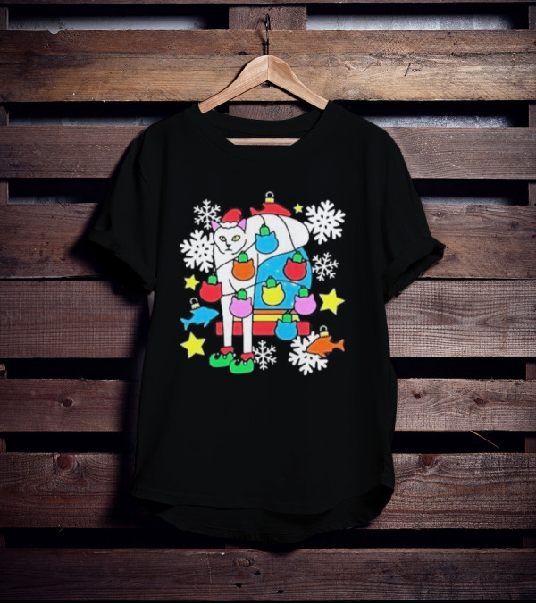 Weird Little Holiday Cat With Santa Hat And Colorful Baubles Christmas T-Shirt