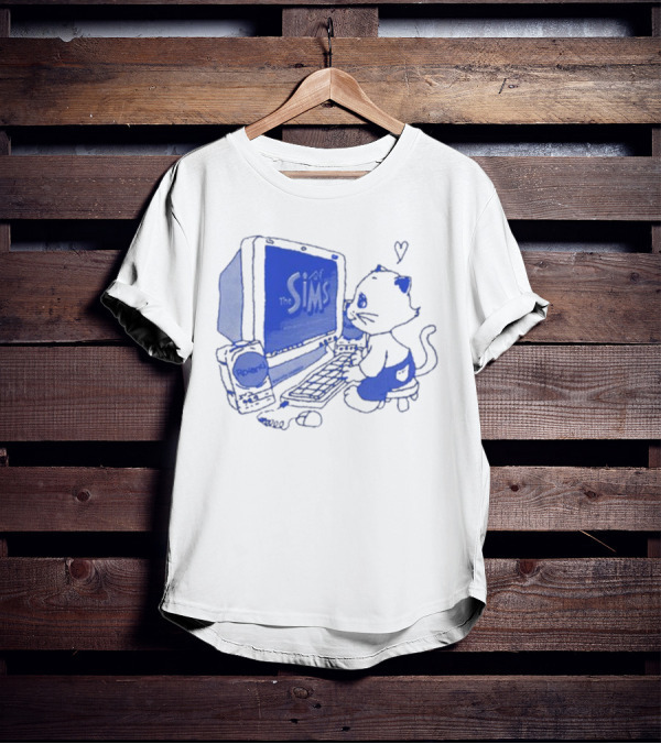 The Sims Loading Screen Cat Computer 90s Nostalgia Blue Graphics T-Shirt
