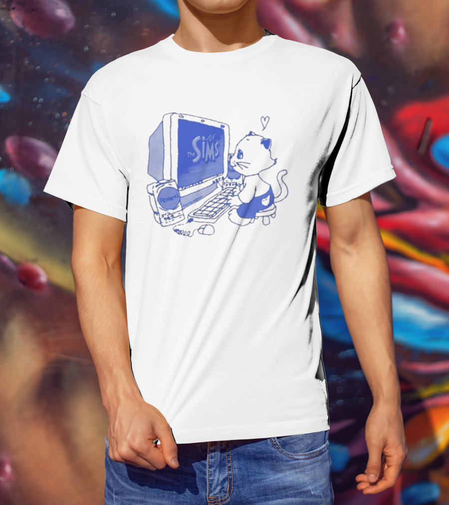 The Sims Loading Screen Cat Computer 90s Nostalgia Blue Graphics T-Shirt