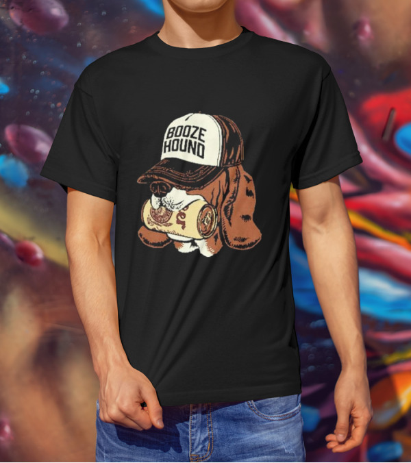 Booze Hound Dog Wearing Cap Holding Beer Can T-Shirt