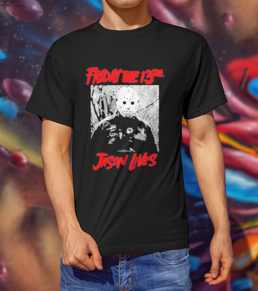 Friday The 13Th Jason Lives Masked Horror Icon Forest Scene T-Shirt