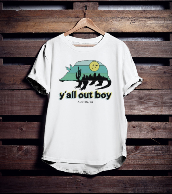Y'all Out Boy Armadillo Austin TX Blue Gold Cactus Moon Skyline T-Shirt
