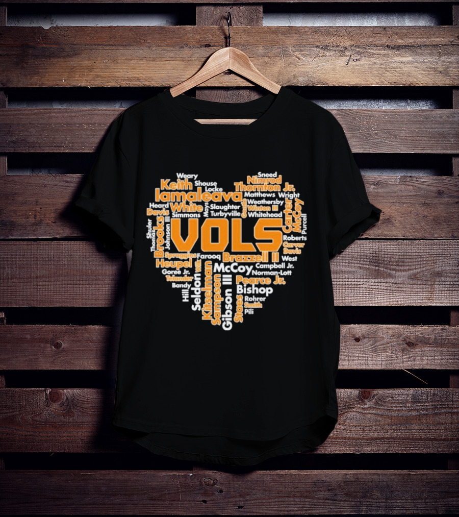 Tennessee Volunteers VOLS Heart Shaped Word Art Featuring Names T-Shirt