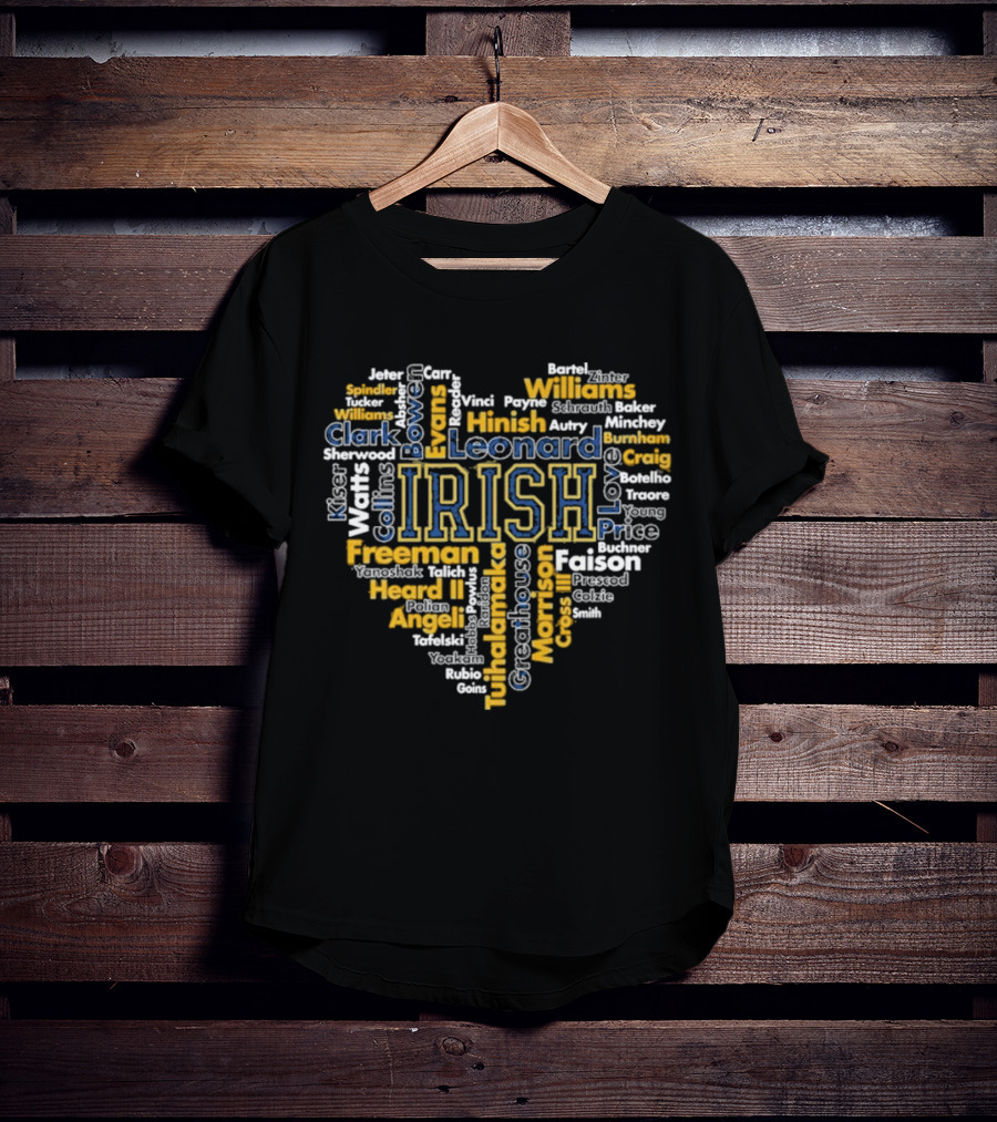 Notre Dame Fighting Irish Heart-Shaped Word Cloud Featuring Player Names For Fans And Supporters T-Shirt