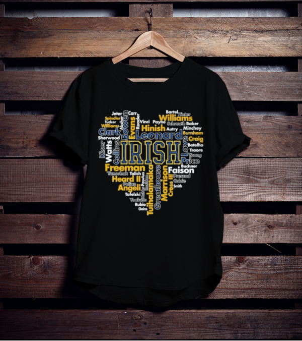 Notre Dame Fighting Irish Heart-Shaped Word Cloud Featuring Player Names For Fans And Supporters T-Shirt