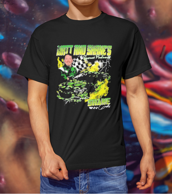 Matt And Shane's Secret Podcast Racing Theme With Flames And Checkered Flag T-Shirt