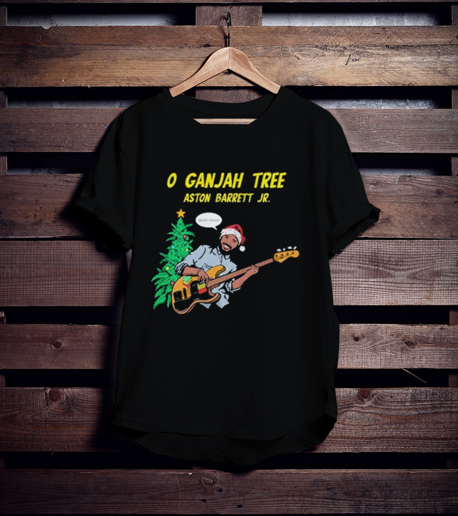 O Ganjah Tree Holiday Christmas Aston Barrett Jr Santa Hat Playing Guitar T-Shirt