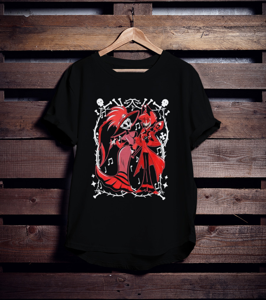 Hazbin Hotel Rosie And Alastor With Musical Notes And Skull Border T-Shirt