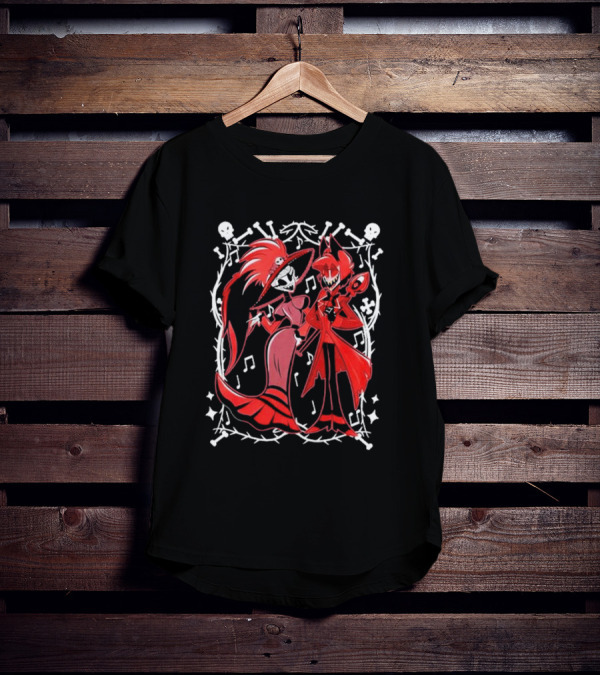 Hazbin Hotel Rosie And Alastor With Musical Notes And Skull Border T-Shirt