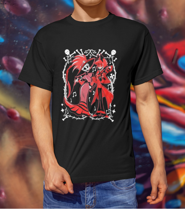 Hazbin Hotel Rosie And Alastor With Musical Notes And Skull Border T-Shirt