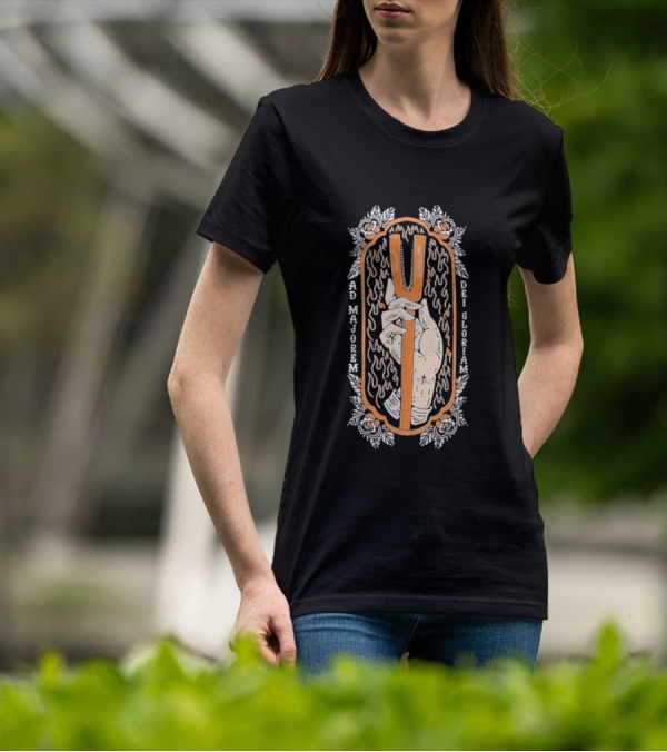 Ad Majorem Dei Gloriam Hook And Irons Hand With Flames And Roses T-Shirt