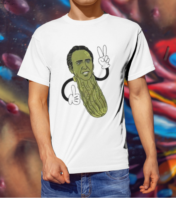 Picolas Cage Nick Cage Pickle Character With Peace Sign Christmas T-Shirt