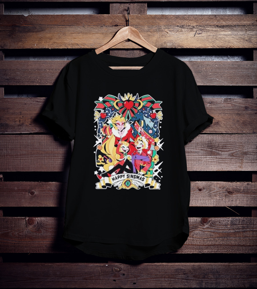 Hazbin Hotel Happy Sinsmas Christmas Celebration With Characters And Holiday Decorations T-Shirt