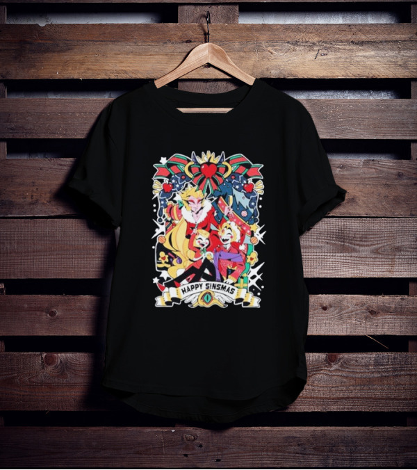 Hazbin Hotel Happy Sinsmas Christmas Celebration With Characters And Holiday Decorations T-Shirt