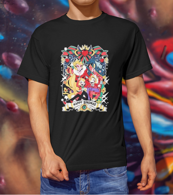 Hazbin Hotel Happy Sinsmas Christmas Celebration With Characters And Holiday Decorations T-Shirt