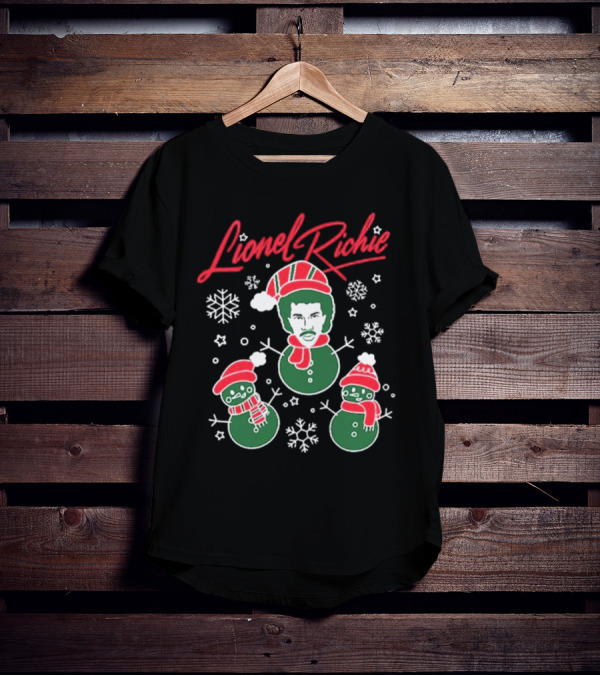 Lionel Richie Festive Snowman Trio With Red And Green Accents T-Shirt