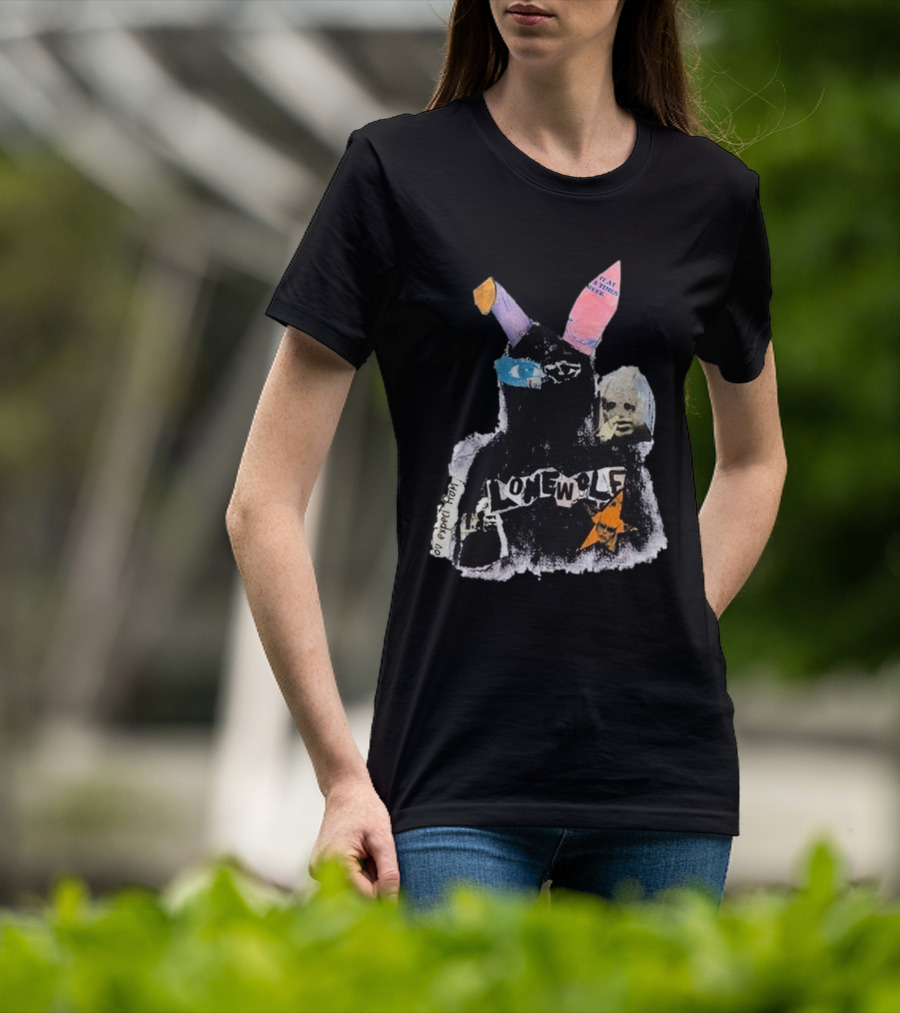 Lonewolf Bunn Psychedelic Collage With Earpiece Text And Star Elements T-Shirt