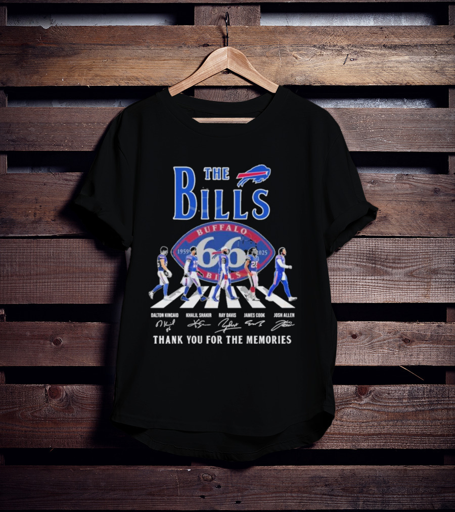Buffalo Bills 66 Year 1959-2025 Signature Thank You For The Memories Dalton Kincaid Khalil Shakir Ray Davis James Cook Josh Allen T-Shirt