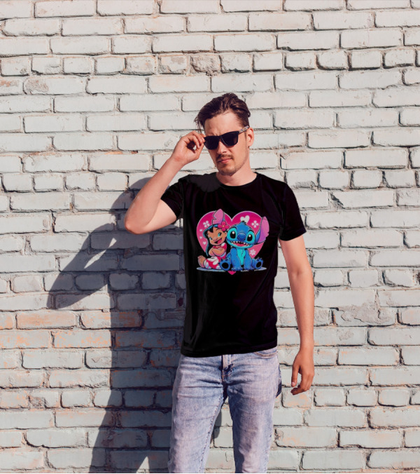Lilo And Stitch Heart Background Pink Flower Ears Cute Characters T-Shirt