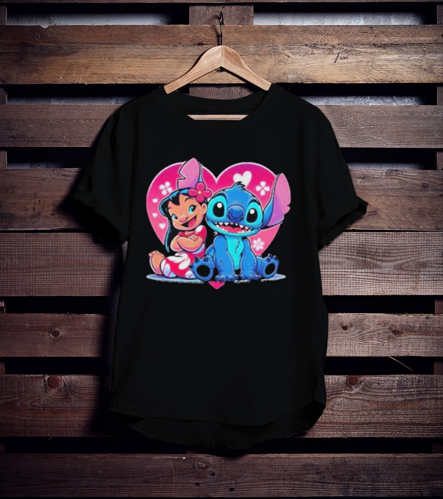 Lilo And Stitch Heart Background Pink Flower Ears Cute Characters T-Shirt