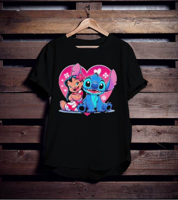 Lilo And Stitch Heart Background Pink Flower Ears Cute Characters T-Shirt