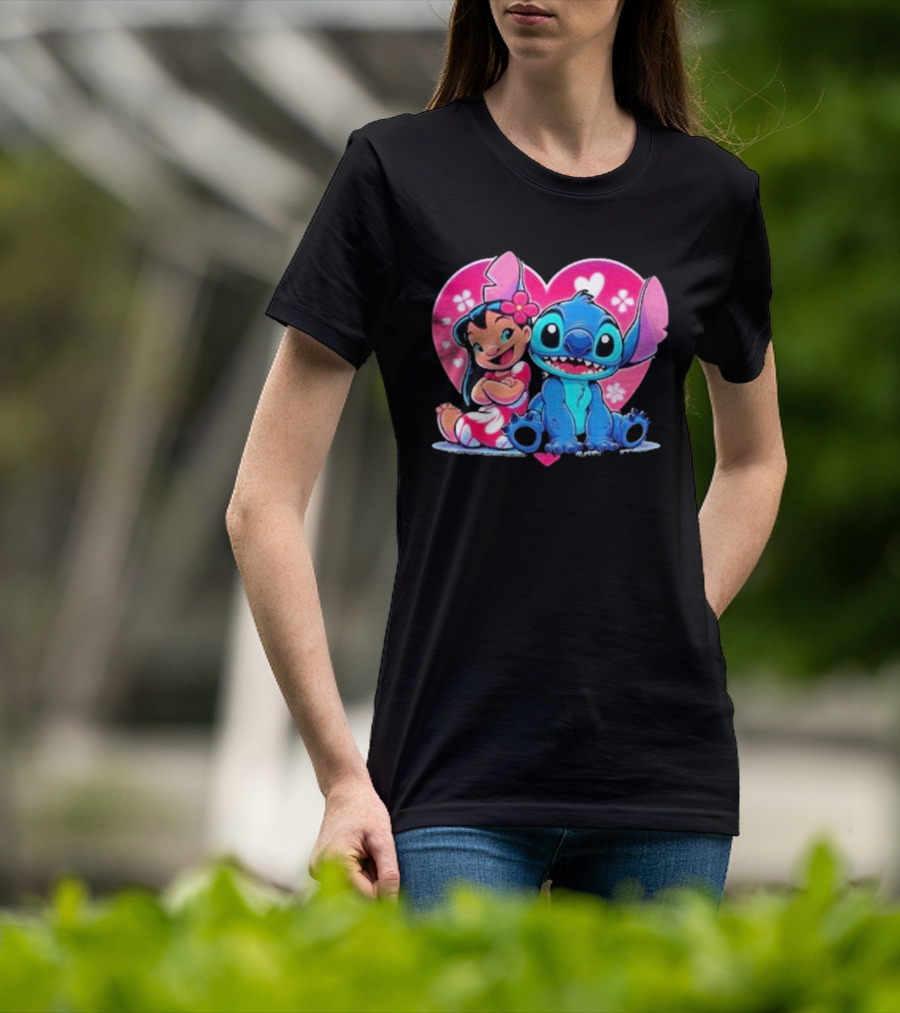Lilo And Stitch Heart Background Pink Flower Ears Cute Characters T-Shirt