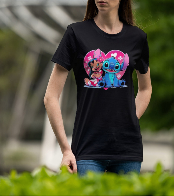 Lilo And Stitch Heart Background Pink Flower Ears Cute Characters T-Shirt
