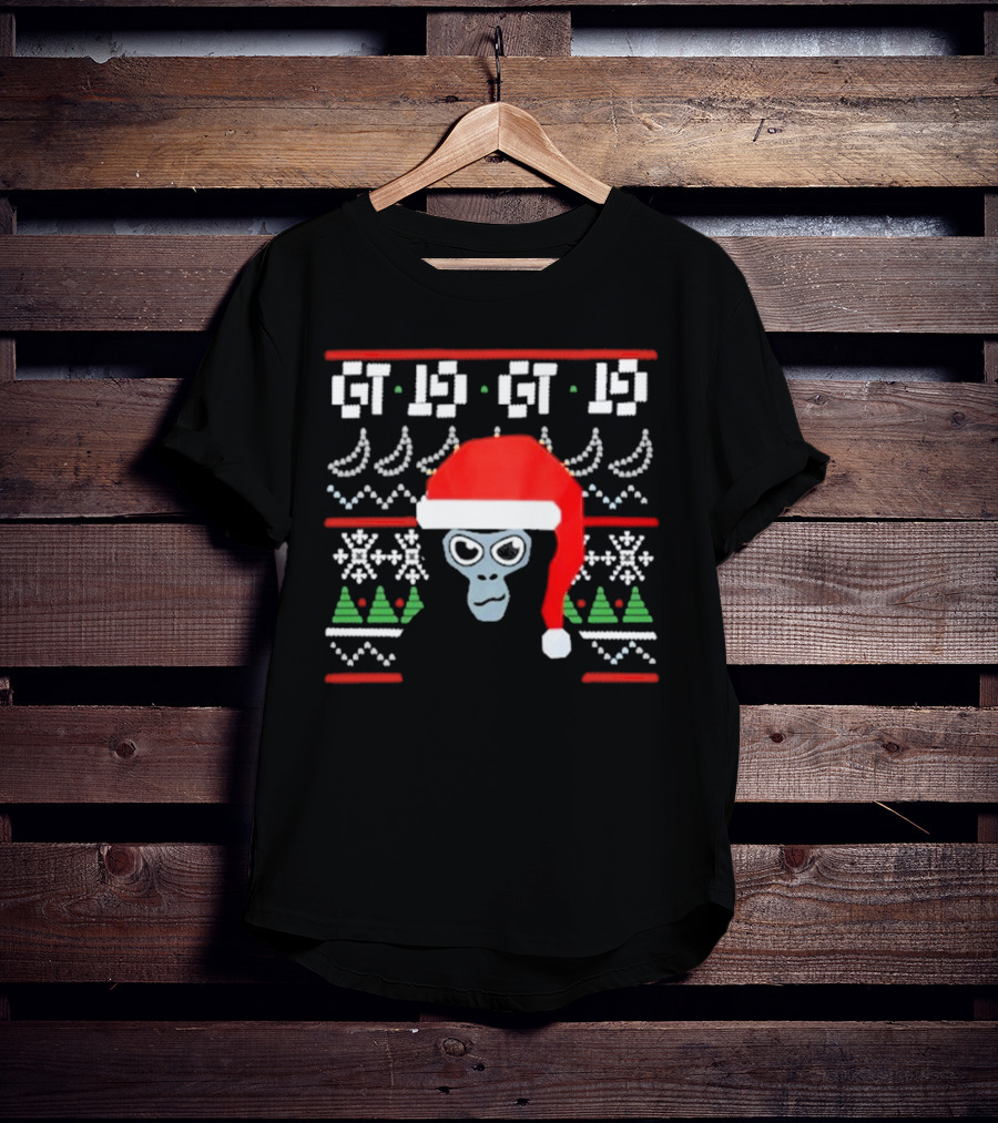 GT IS GT IS Festive Monke Claus Santa Hat Christmas Trees Snowflakes T-Shirt