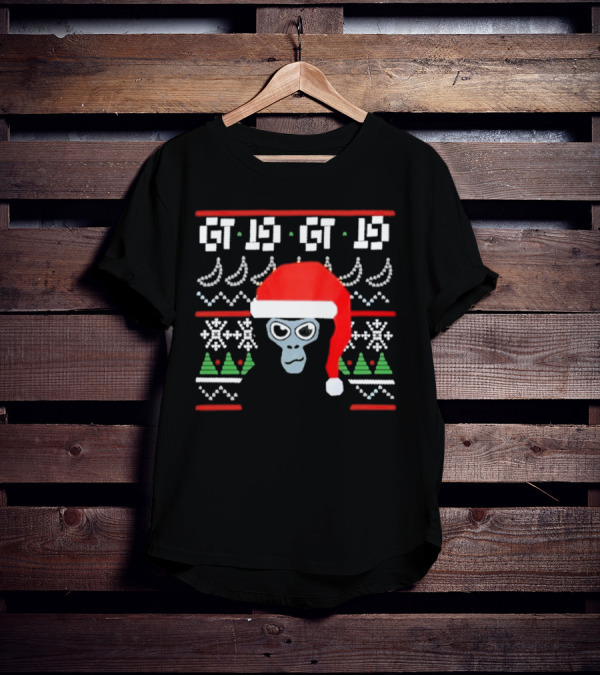 GT IS GT IS Festive Monke Claus Santa Hat Christmas Trees Snowflakes T-Shirt
