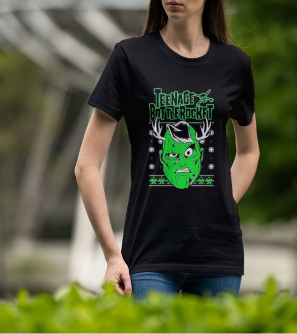 Teenage Bottlerocket Green Grumpy Face With Antlers Snowflakes Skulls Christmas T-Shirt