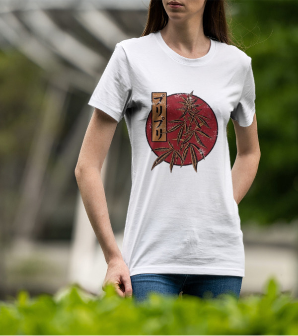 Stoned Buri-Buri Japanese Style Cannabis Leaves Red Circle T-Shirt