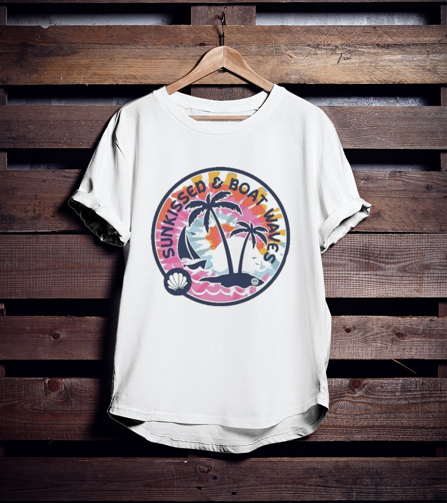 Sunkissed And Boat Waves Palm Trees Shell Sailboat Colorful Circle Emblem T-Shirt