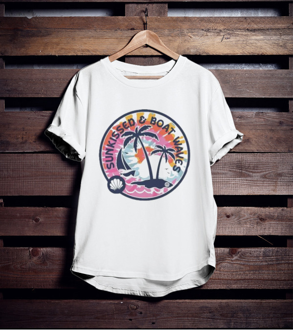 Sunkissed And Boat Waves Palm Trees Shell Sailboat Colorful Circle Emblem T-Shirt