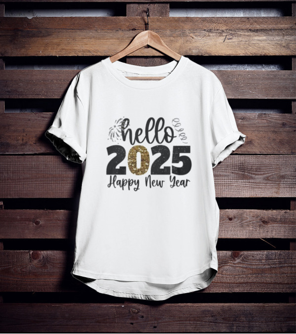 Hello 2025 Happy New Year Fireworks And Streamers T-Shirt