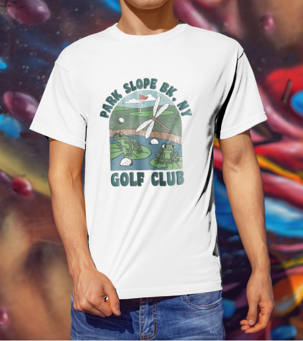 Park Slope BK NY Golf Club Frog And Dragonfly On Golf Course Lily Pads In Pond T-Shirt