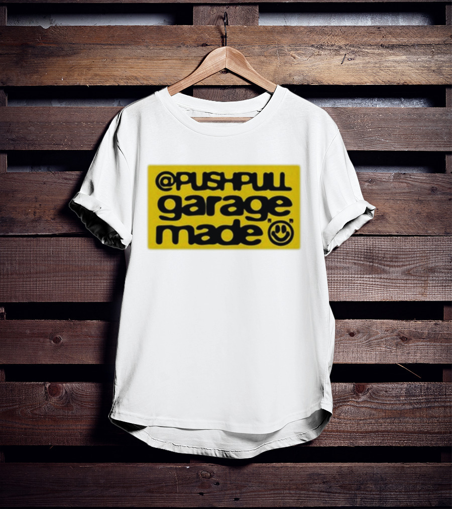 Pushpull Garage Made Smiley Face Yellow Background T-Shirt