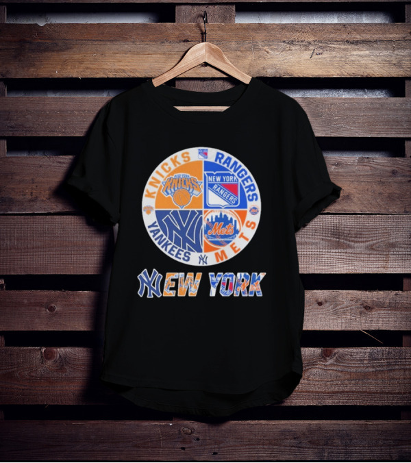 Knicks Rangers Yankees Mets New York Circle Logo Collaboration T-Shirt
