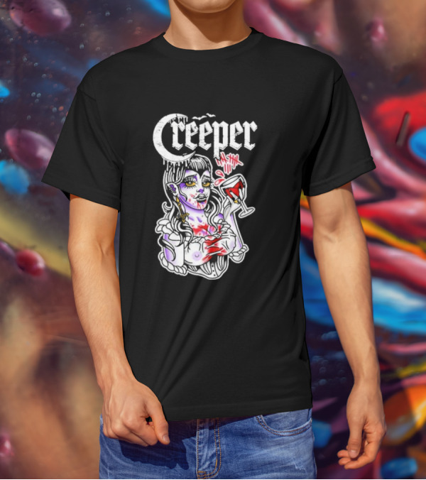 Creeper Gothic Vampire Woman With Bloody Drink T-Shirt