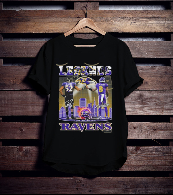 Baltimore Ravens Legends Ray Lewis 52 X Lamar Jackson 8 Signature T-Shirt