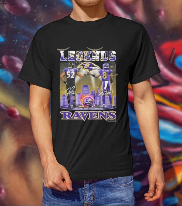 Baltimore Ravens Legends Ray Lewis 52 X Lamar Jackson 8 Signature T-Shirt