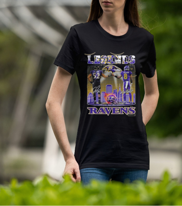 Baltimore Ravens Legends Ray Lewis 52 X Lamar Jackson 8 Signature T-Shirt
