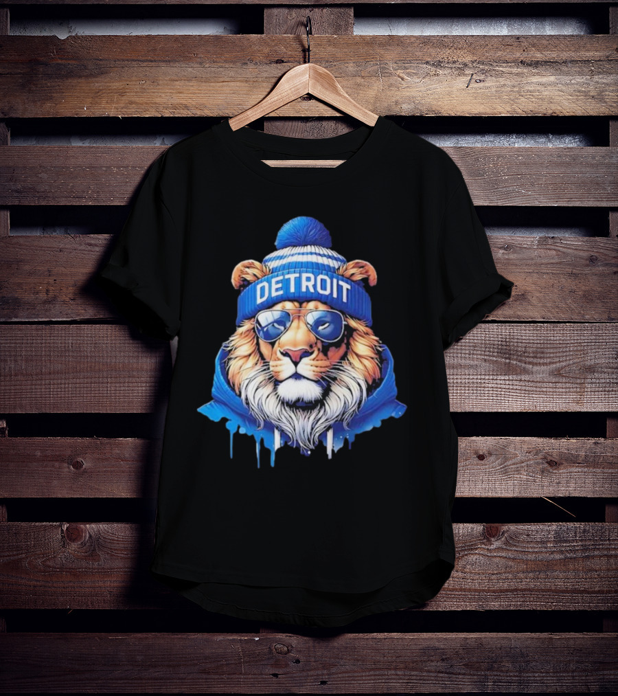 Detroit Lions Football 2025 New Season Cool Lion In Blue Beanie And Shades T-Shirt