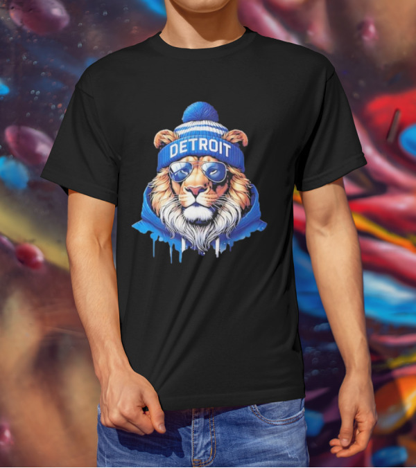 Detroit Lions Football 2025 New Season Cool Lion In Blue Beanie And Shades T-Shirt